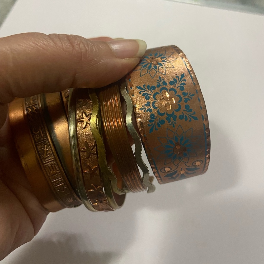 Elegant Copper and Blue Floral Bangle Set